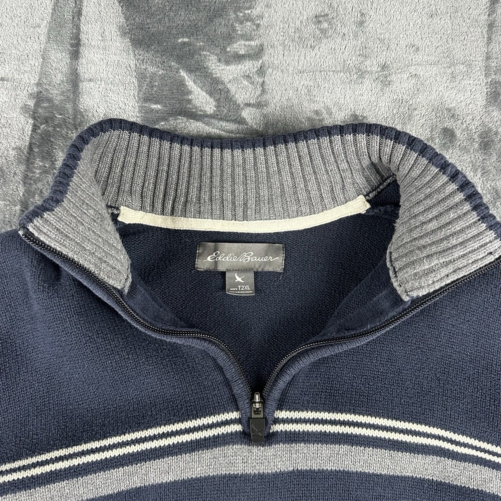 Eddie Bauer Mens 2XL Navy Quarter Zip Sweater Pullover Striped Cotton Blend - Picture 2 of 7